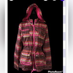 Windbreaker/Rain Jacket Size LG, Multi-colored Stripe, Pink cotton/poly lining